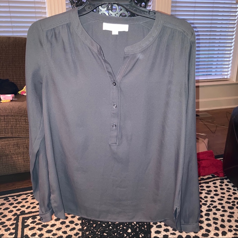 LOFT Dark Gray Long Sleeve Button-Down Blouse